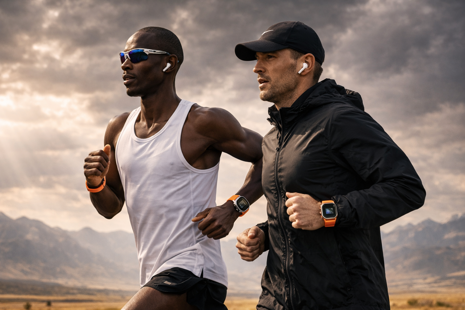 Two runners training together with smartwatches and wireless earbuds