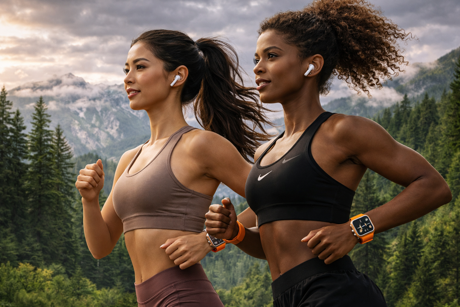 Two women running together in the mountains with AirPods and Apple Watches